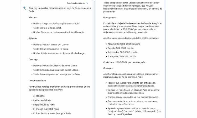 Interfaz de Bard que ofrece un itinerario de viaje completo para un fin de semana en París