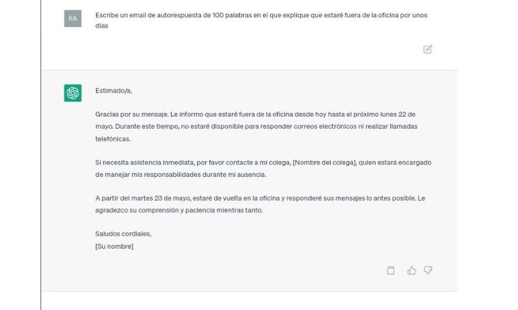 Interfaz de ChatGPT que muestra una propuesta de correo electrónico de respuesta automática para cuando no esté en la oficina