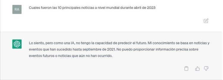 interfaz chatgpt respondiendo a la solicitud de resumir las principales noticias del mes de abril de 2023