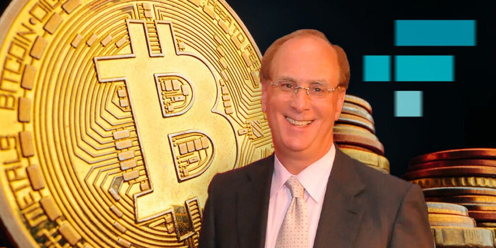 Larry Fink y pilas de Bitcoin con el logotipo de FTX en el fondo