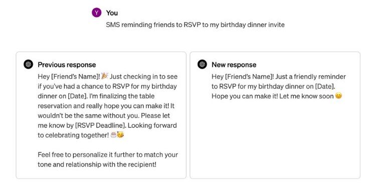 Captura de pantalla que muestra un ejemplo de una conversación con ChatGPT bajo el mensaje "SMS recordando a mis amigos que confirmen su asistencia a mi cena de cumpleaños".  A la izquierda vemos la respuesta que habría dado la versión anterior de ChatGPT (más extensa y larga), y a la derecha la que se dará ahora tras integrar la nueva versión de GPT4-Turbo (más directa y concisa)